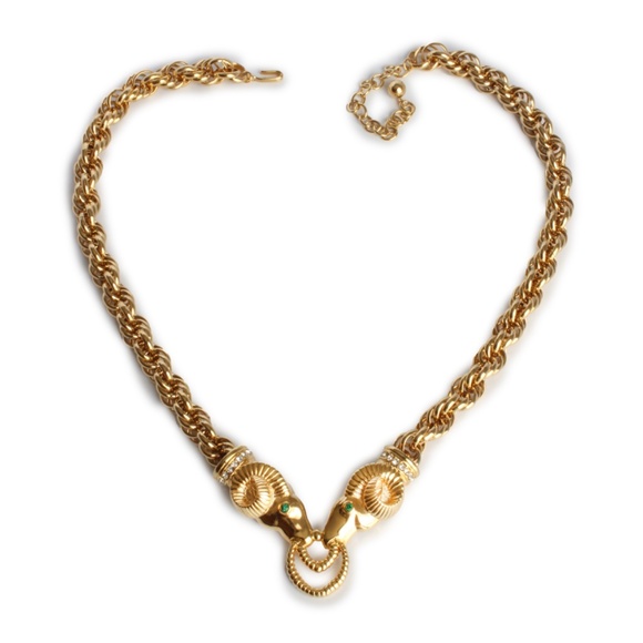 Kenneth J Lane Necklace Ram Heads Rhinestones Gold Metal Chunky Chain 80s KJL